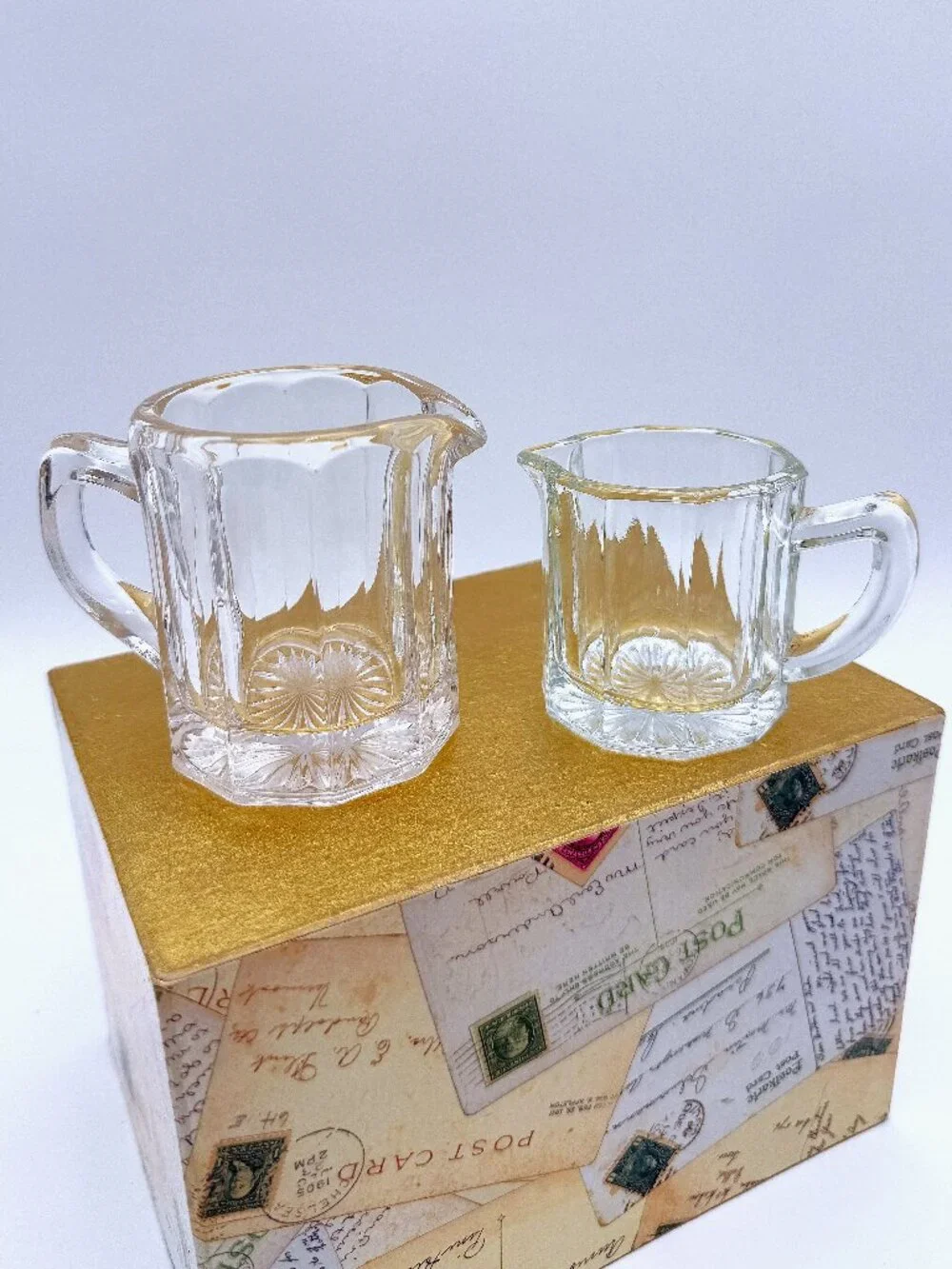 Pair - 2 Size Vintage Creamers Panel Sides Tinged‎ Light Lavender & Blue